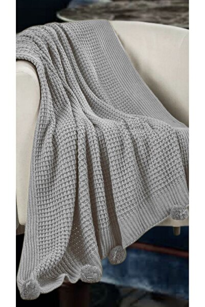 DOUX HOME Selanik 10 Ponponlu Triko Örgülü Tv Battaniyesi 130 X 170 Cm GRİ