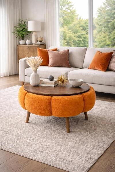 KOKİ DESİGN Papatya Wellsoft Turuncu Kumaş Kaplamalı Yuvarlak Orta Sehpa