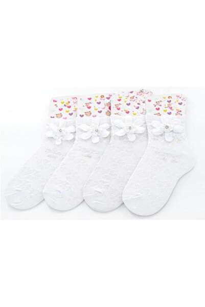 Ekinoks 4 lü Taşlı-Çiçekli Yarım Konç Kız Çocuk Çorap