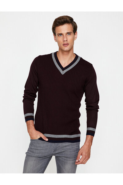 Koton Gemusterter Strickpullover für Herren in Burgunderrot