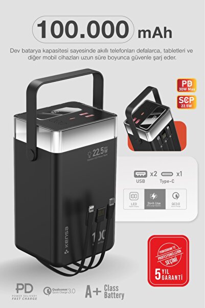Kensa 100.000 mAh Hızlı Şarj Powerbank - Süper Kapasiteli LED Işıklı – USB-C ...