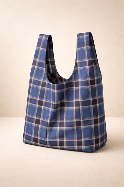 PUREYSMA Kareli Lacivert Ton Katlanabilir Bez Alışveriş Çantası – Suya Dayanı...