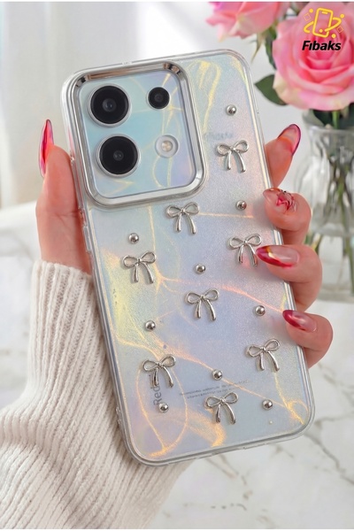 Fibaks Redmi Note 13 Pro 4G Kılıf Fiyonk Desenli Şeffaf Simli Gümüş Kamera Çı...