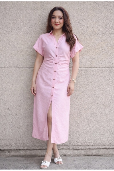 Modontik KETEN KUMAŞ BEL BÜZGÜLÜ GÖMLEK ELBİSE ZA.RA MODEL