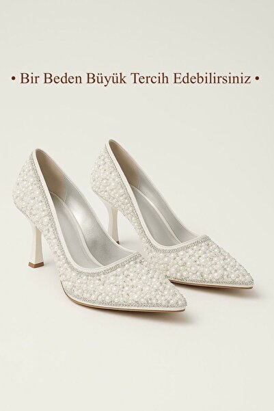 AYS SHOES Kadın Taş ve İnci İşlemeli Nişan Düğün Kız İsteme Gelin Topuklu Abi...