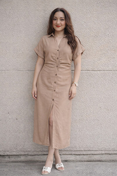 Modontik KETEN KUMAŞ BEL BÜZGÜLÜ GÖMLEK ELBİSE ZA.RA MODEL
