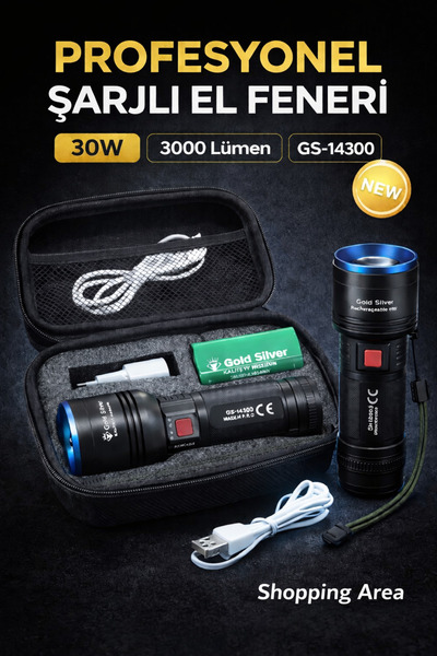 Shopping Area Gold Silver Gs-14300 Şarjlı Avcı Feneri | 30w 3000 Lümen | 8000...