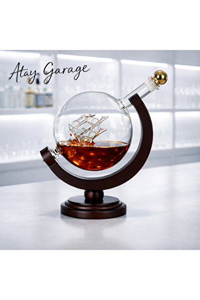 Atay Garage Dekoratif Cam Küre Viski Karafı Ahşap Standlı Altın Kapaklı Sunum...