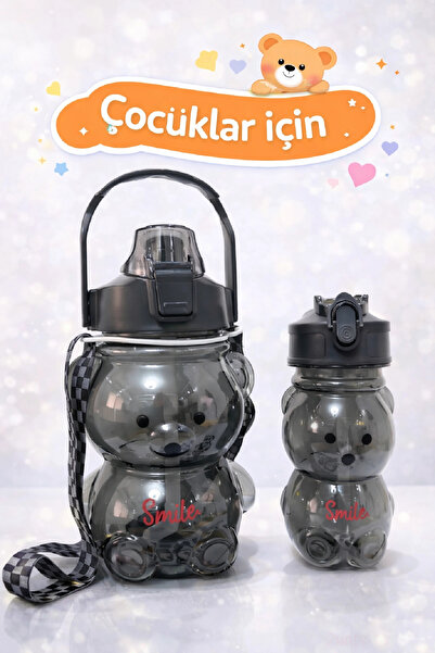 Berdina Home 2Adet Şeffaf Ayıcık Su Matarası 1000+400ml Çocuk Su Şişesi Pipet...