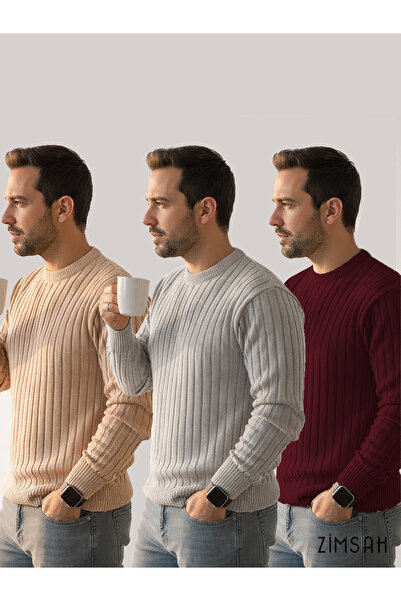 Zimsah Ανδρικό πλεκτό πουλόβερ 3 τεμαχίων σε χρώμα μπορντό, γκρι, μπεζ
