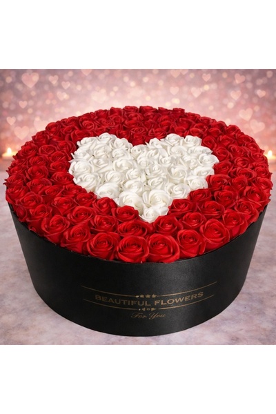 velve Cutie Rotunda Gigant cu 151 trandafiri parfumati de sapun, 50 cm, alb s...