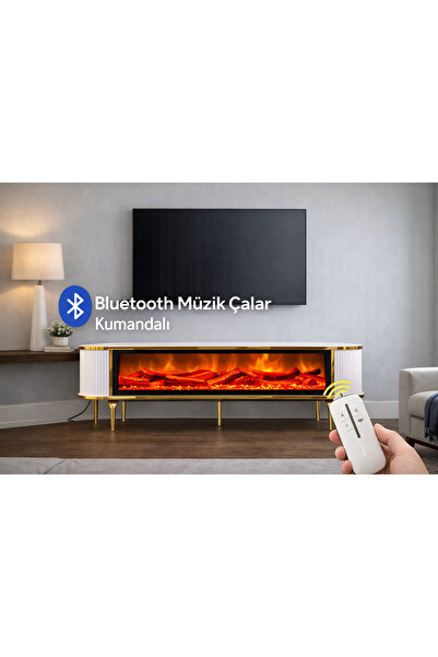 SOME Şömineli tv sehpası beyaz gold detaylı