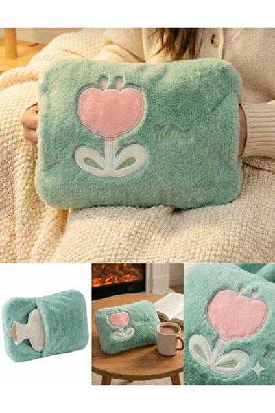Alvin Tulips Patterned Mint Green Plush 1 Liter Hot Water Bag Cover – Soft Th...