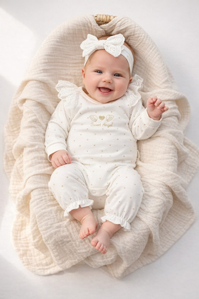 İZYALİF BABY Baby Girl Angel Winged Romper with Headband 100% Cotton Lace Detail