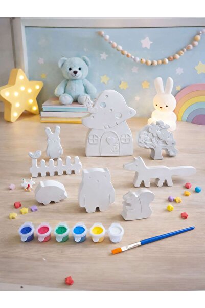 Atölye yüksel Issız Orman Taş Boyama Seti = 9 Taş + 6 Renk Boya + 1 Fırça