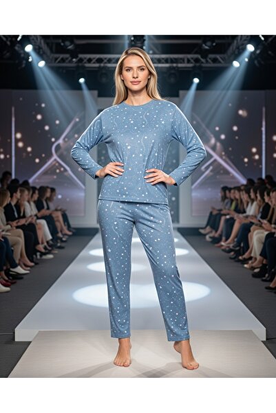 Aydoğan Pure Series Türkiz csillagmintás nápolyi pizsama szett, hosszú ujjú