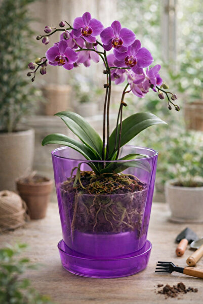 Melkan Home Şeffaf Mor Burgu Desenli Orkide Saksısı 1,3 Litre | Drenajlı, Mod...