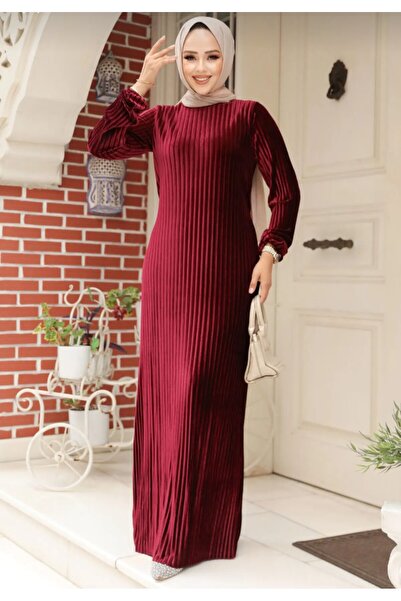 Neva Style Кадифена рокля с хиджаб в бордо - плисирана, модел №: 22751Br