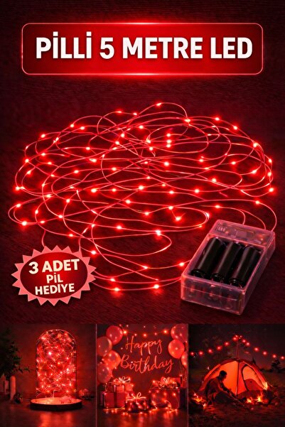Genel Markalar 5 Metre Kırmızı Peri Led Işık Pilli Yanıp Sönen Özel Gün Doğum...