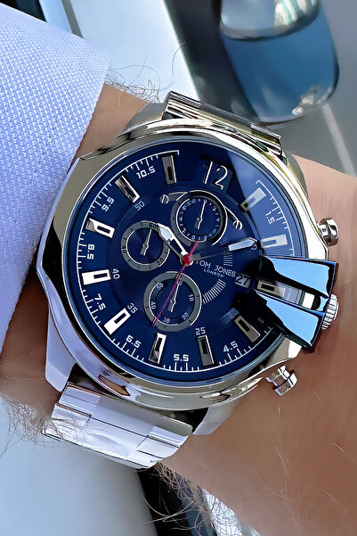 Tom Jones ساعة يد رجالية مع تقويم 3 ATM مقاومة للماء لون فضي سوار فولاذي GTJE...