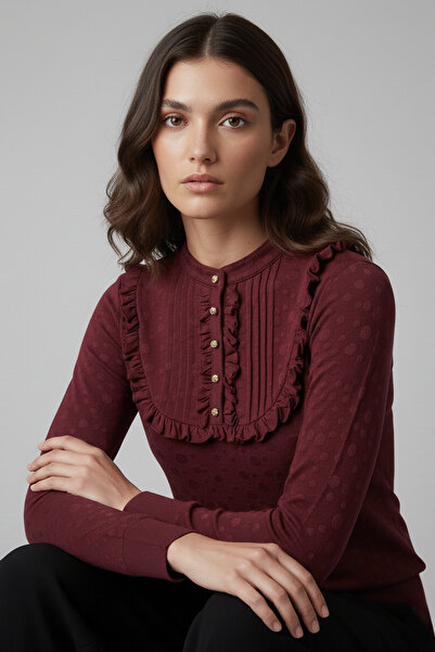 Şiir بلوزة نسائية نيغرو بأكمام طويلة - ياقة واقفة، تفاصيل كشكش، زر مضلع، قطن ...