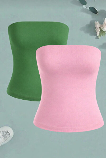 Olyssia Γυναικείο Ροζ & Πράσινο Μακρύ Στράπλες Τοπ – Κομψό, Εφαρμοστό, Εύκαμπ...