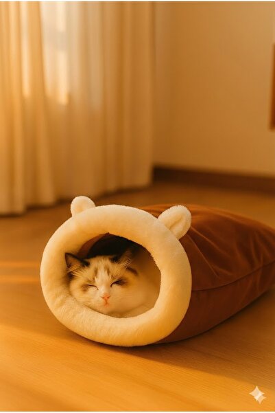 Oumo Kedi Mağarası 45×50 cm Yumuşak Peluş Kedi Uyku Tüneli Kapalı Güvenli Ked...