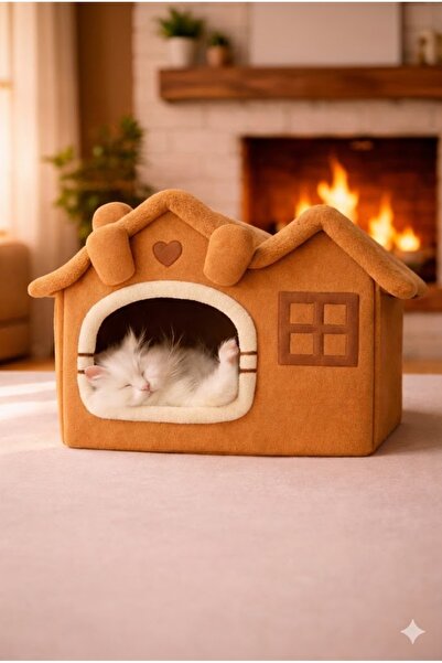 Oumo Villa Kedi Evi Peluş Kapalı Kedi Yatağı Minderli Katlanır Kedi Evi L Boy