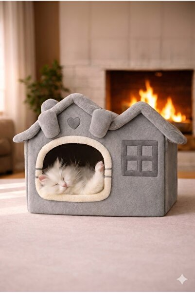 Oumo Villa Kedi Evi Peluş Kapalı Kedi Yatağı Minderli Katlanır Kedi Evi L Boy...