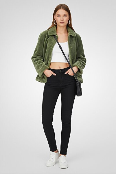 REBECCA MINKOFF جاكيت نسائي من الفرو الصناعي بأكمام طويلة، زيتوني