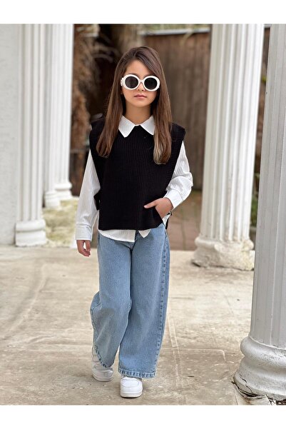 DUDOR KİDS Girls' Denim Pants-Shirt-Sweater Triple Set-Holiday-Style