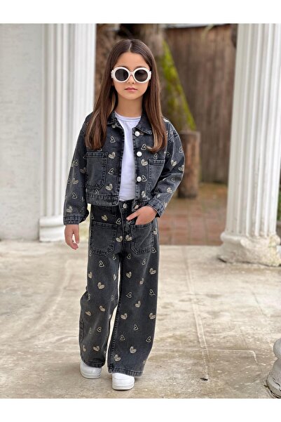 DUDOR KİDS طقم بنطلون جينز مطرز وسترة جينز للفتيات - مناسب للعطلات