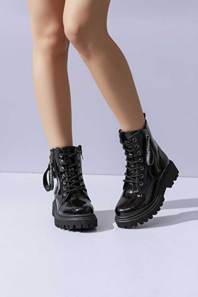 PATİK BEBE Girls' Black Patent Leather Lace-Up Zippered Non-Slip Sole Style B...