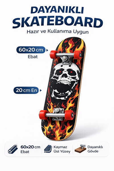 Janissary Kaykay Kafatası Alev Desenli 60x20 cm | Dayanıklı Ahşap Tabla | Kay...