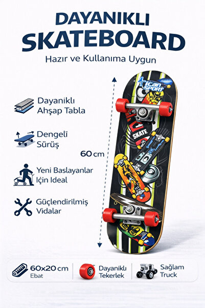 Janissary Graffiti Kaykay Desenli 60x20 cm | Dayanıklı Ahşap Tabla | Kaymaz Z...