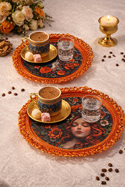 xirshop Sunum Tepsisi El Yapımı El Boyama Sanatsal Kahve & Çay Tepsisi 2’li S...