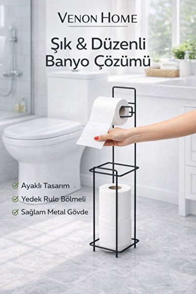VENON Ayaklı Tuvalet Kağıtlığı Wc Kağıtlık Yedekli Metal Tuvalet Kağıdı Stand...