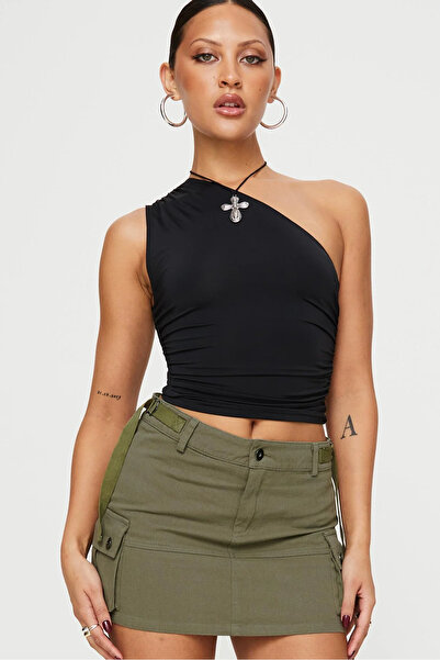 World Fashion Trends BLUZĂ NEAGRĂ cu un singur umăr și elastic la lateral, ti...