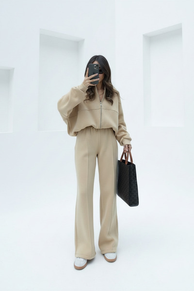 Runades Women's Trend Flared Ç piped Bomber Zippered Tracksuit Set