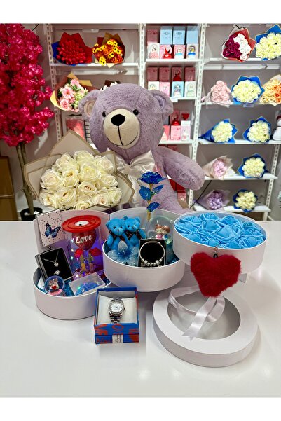 AYIEVRENİ Mavi Kat Kat Mutluluk Evreni Sevgiliye Hediye Kutusu Üçlü Set