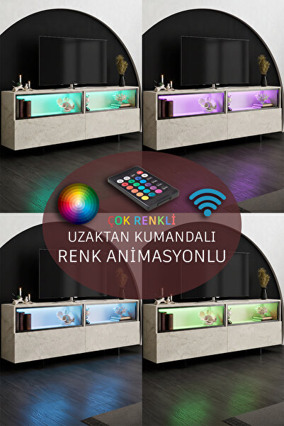 Modatte EKOL TV ÜNİTESİ LED IŞIKLI DEMİR AYAKLI ÇOK AMAÇLI DOLAPLI TRAVERTEN TV SEHPASI