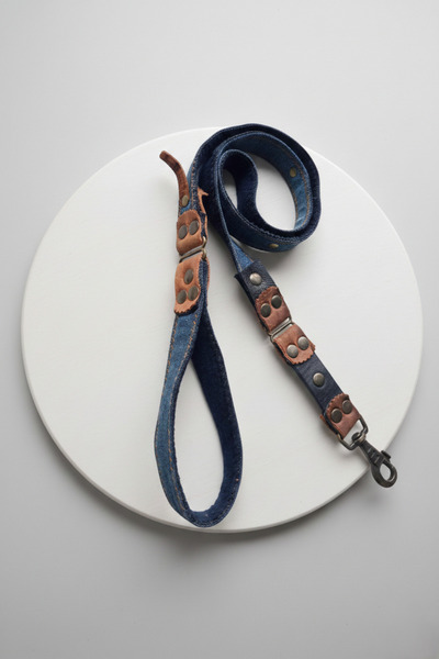 balkonda Dog Walking Leash Collar 2.5 cm Width Denim and Leather Dark Blue