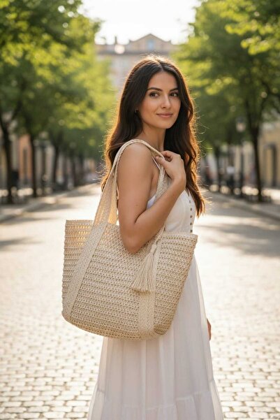 Aware Time Geantă de umăr din paie tricotată cu Astr în interior