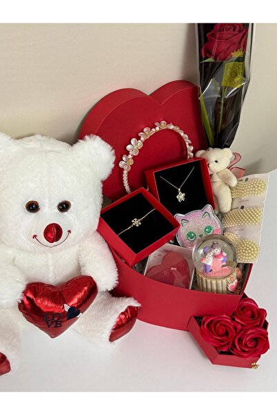 YUELL Sevgiliye Özel Kırmızı Kalpli Hediye Seti Çelik Set Konsept Hediyelik L...