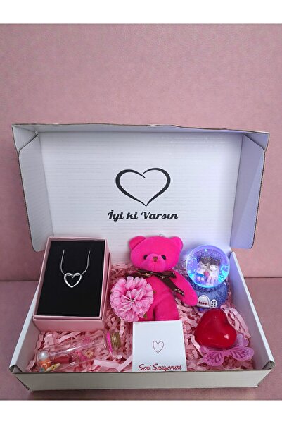 RAWEZON 3'lü Hediye Kutusu Kalpli Çelik Kolye,peluş Anahtarlık-ışıklı Sevgili...