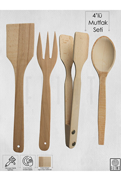 FLINT Gürgen ahşap tahta kaşık çatal spatula maşa 4'lü set yemek servis seti ...