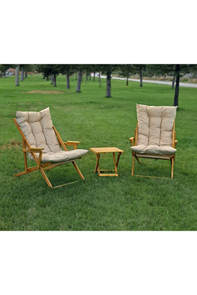Ahsapland Ahşap Katlanır Balkon, Bahçe, Teras Mobilyası, Puf Şezlong Seti(krem)