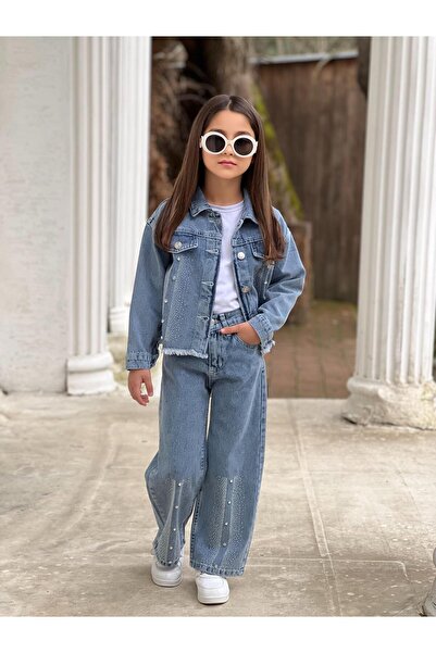DUDOR KİDS SET PANTALONI JEANSTI CU STRASURI SI JACHETA JEANSTI PENTRU FATA -...