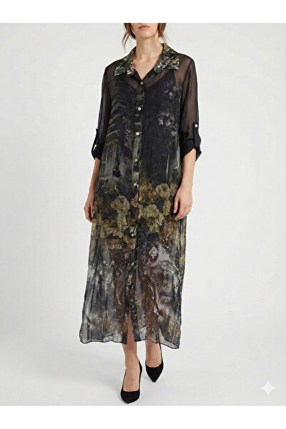 della moor Siyah İtalyan Çiçek Desenli Astarlı Uzun İpek Gömlek Elbise