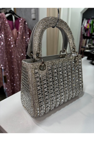 CATALEYA Elegant silver women's bag with rhinestones - evening clutch with ha...